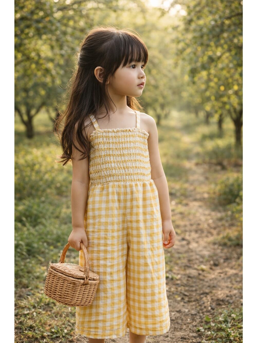 Sunlight Filtering Through Orchard Trees Golden Gingham Pants Romper 5T